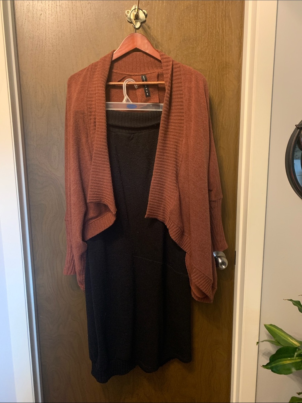 Rust Open-Front Draped Women's Cardigan Sweater and skirt